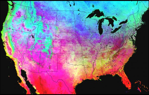 A map of the U.S. showing differences between hotter and cooler areas from 2000.  West Nile Virus may be spreading rapidly with the latest heat wave Texas has been experiencing, allowing West Nile to spread more rapidly in mosquitoes.