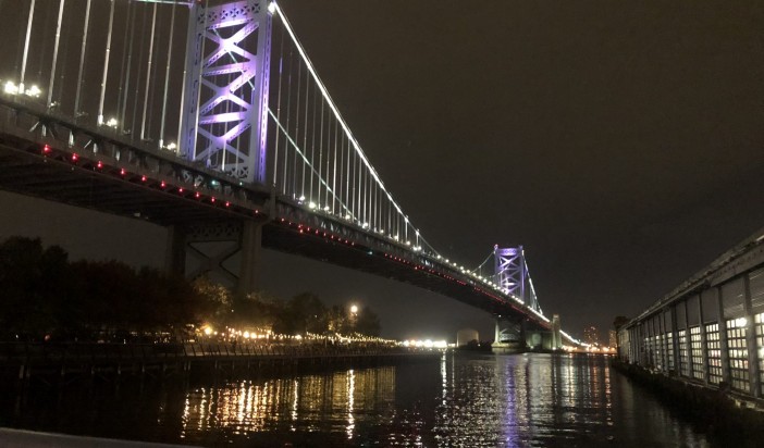 The Benjamin Franklin Bridge lights up the night in Philadelphia