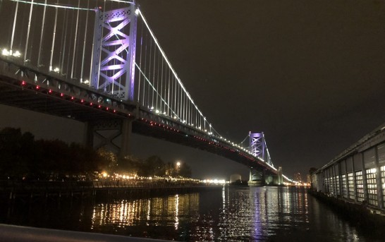 The Benjamin Franklin Bridge lights up the night in Philadelphia