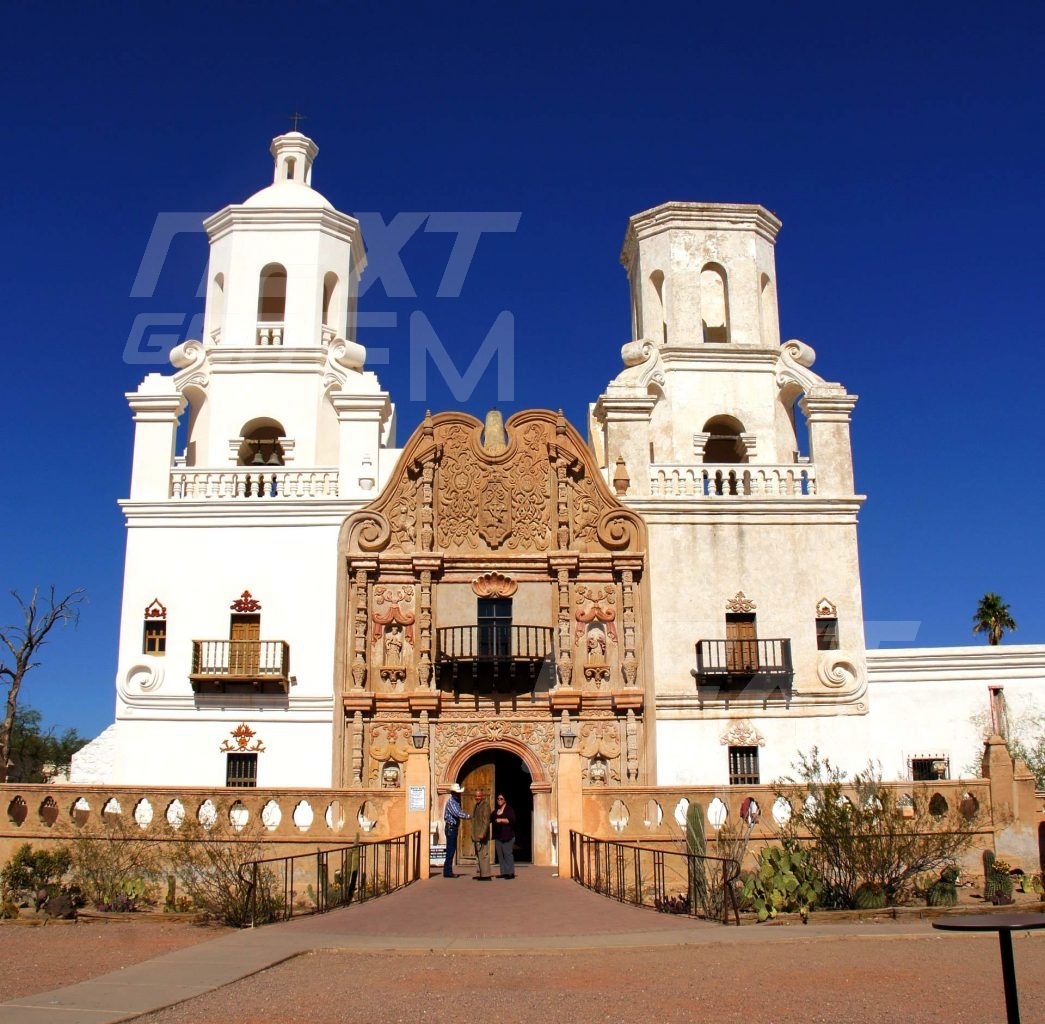 Renovations are ongoing to keep the church in glorious condition for the many visitors and pilgrims.

The front of the mission faces Mexico to the south. The mission's beautiful white exterior would have been the first sight many pilgrims traveling north would have seen coming out of the desert.	 	
 